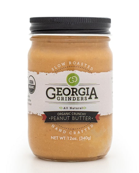 Jar of Georgia Grinders peanut butter on a white background