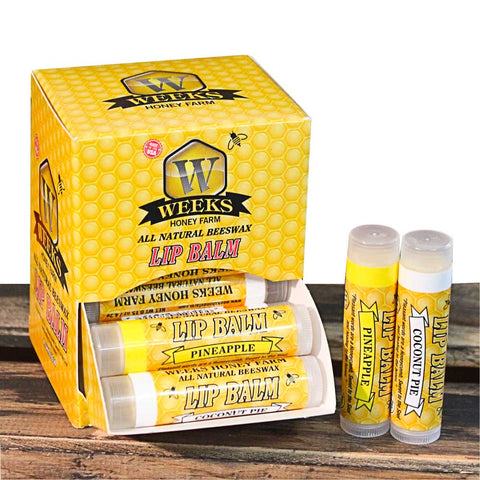 Weeks All Natural Beeswax Lip Balms; Singles, Twin Packs, Case | Pineapple and Coconut - Case of 24 | Lip Balm from Weeks Honey Farm, Inc.