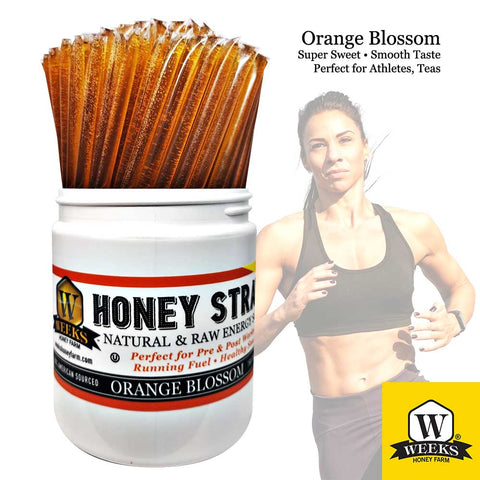 Raw Honey Straws | Orange Blossom, Wildflower, Raspberry Honey | Weeks Honey Farm | Orange 150 Count Tub Straw Honey | Honey Straw from Weeks Honey Farm