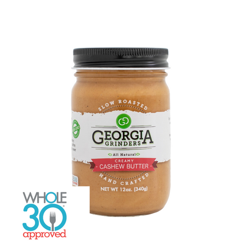 Jar of Georgia Grinders cashew butter with Whole30 approval logo on a white background