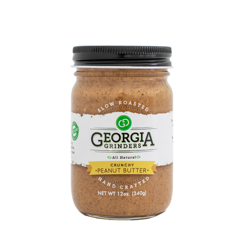 Jar of Georgia Grinders crunchy peanut butter on a white background