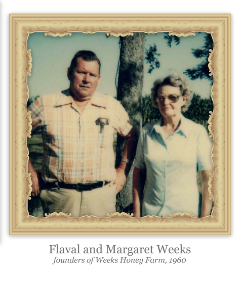 Vintage photograph of Flaval and Margaret Weeks, founders of Weeks Honey Farm, with a decorative frame.