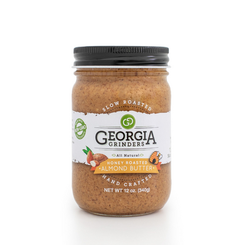 Jar of Georgia Grinders almond butter on a white background