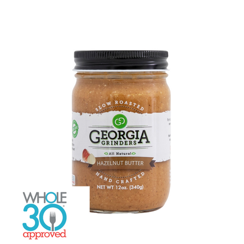 Jar of Georgia Grinders hazelnut butter with a Whole30 logo on a white background