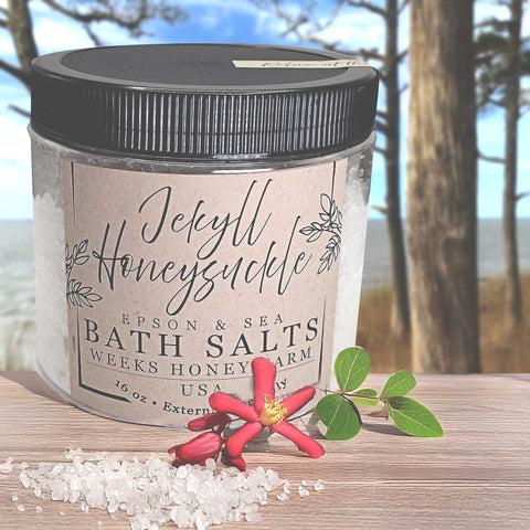 Weeks Honey Farm Southern Bath Salts; 16oz | Jekyll Honeysuckle | Soaps from Weeks Honey Farm