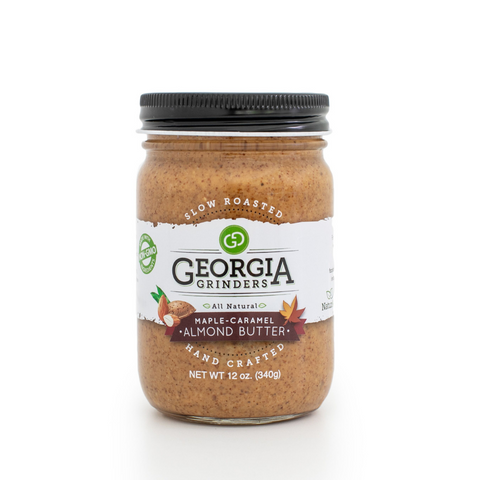 Jar of Georgia Grinders almond butter on a white background