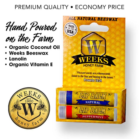 Weeks All Natural Beeswax Lip Balms; Singles, Twin Packs, Case | Natural Peppermint - Twin Pack | Lip Balm from Weeks Honey Farm, Inc.