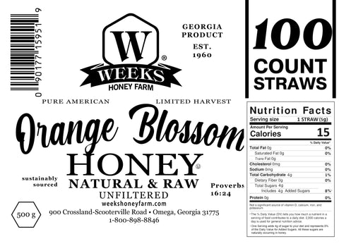 Raw Honey Straws | Orange Blossom, Wildflower, Raspberry Honey | Weeks Honey Farm
