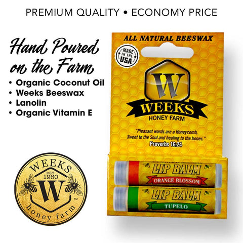 Weeks All Natural Beeswax Lip Balms; Singles, Twin Packs, Case | Orange Blossom Tupelo Honey - Twin Pack | Lip Balm from Weeks Honey Farm, Inc.