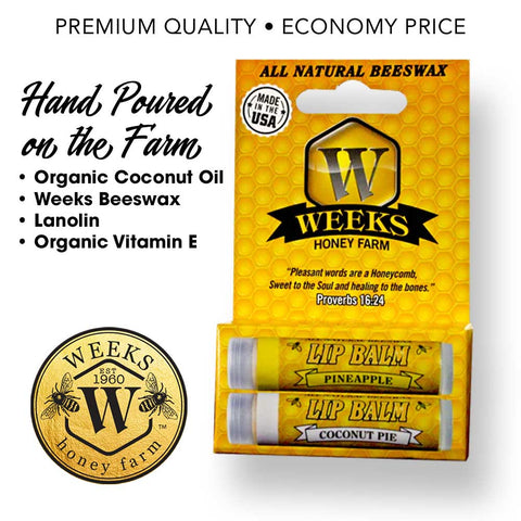 Weeks All Natural Beeswax Lip Balms; Singles, Twin Packs, Case | Pineapple Coconut Pie - Twin Pack | Lip Balm from Weeks Honey Farm, Inc.
