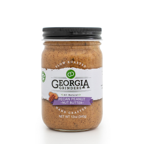 Jar of Georgia Grinders pecan peanut butter on a white background