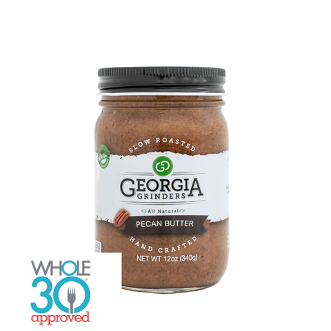 Jar of Georgia Grinders pecan butter with Whole30 logo on a white background