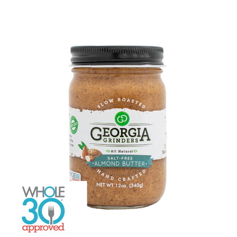 Jar of Georgia Grinders almond butter with a Whole30 logo on a white background