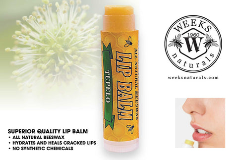Weeks All Natural Beeswax Lip Balms; Singles, Twin Packs, Case | Tupelo Single Balm | Lip Balm from Weeks Honey Farm, Inc.