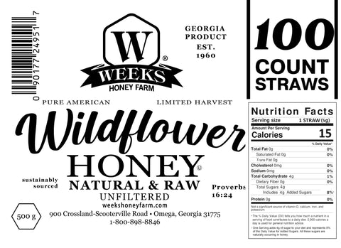 Raw Honey Straws | Orange Blossom, Wildflower, Raspberry Honey | Weeks Honey Farm