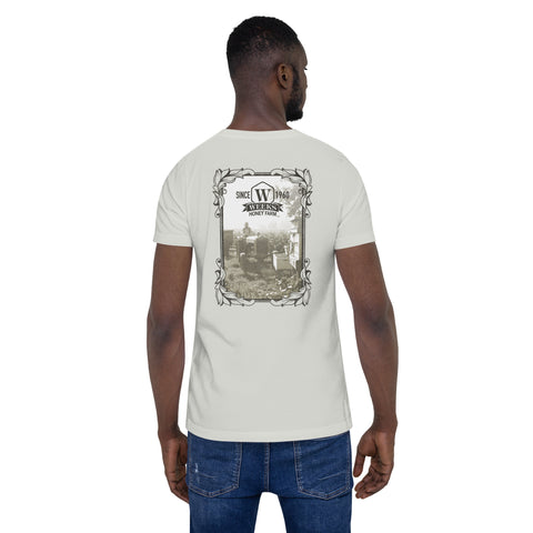 Tractor and Bee Boxes, 1960 Soft Fit Unisex t-shirt | Silver | Apparel & Accessories from Weeks Honey Farm