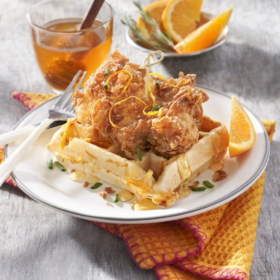 Chive & Orange Blossom Honey Waffles with Spicy Honey Garlic Chicken
