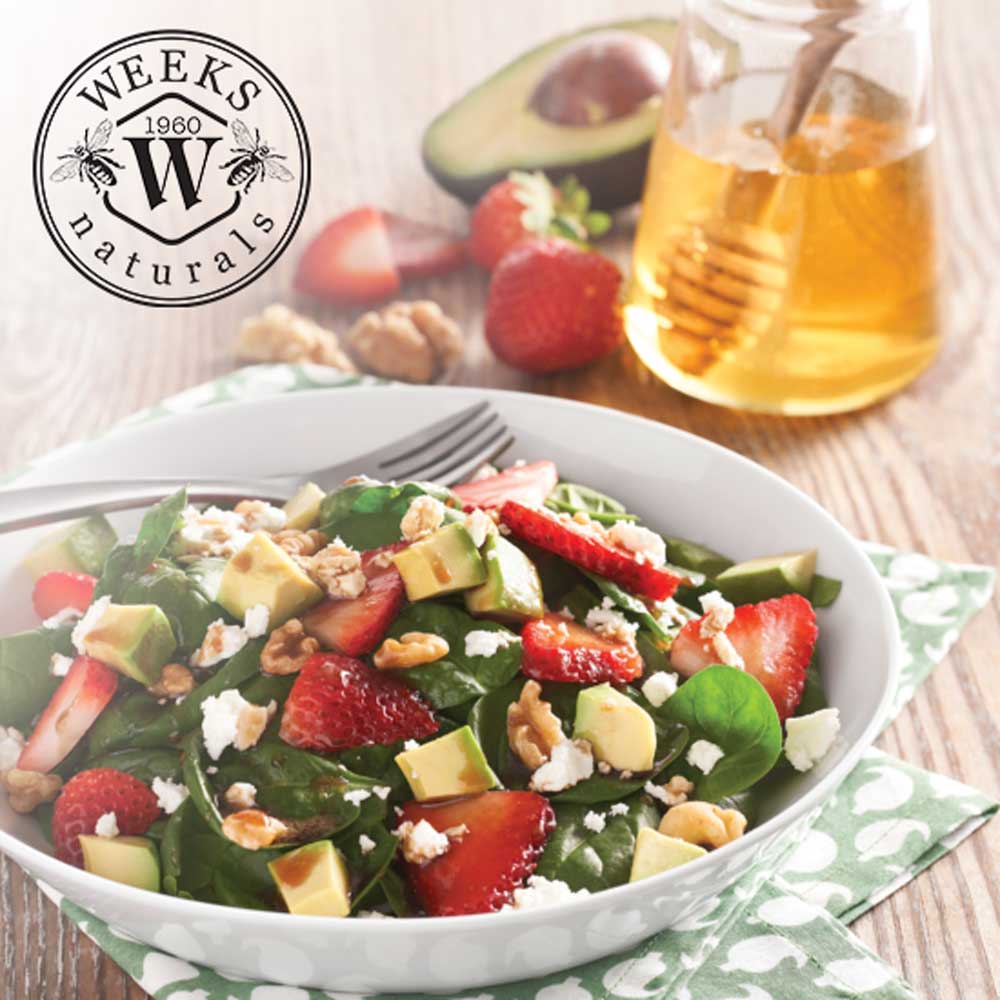 Avocado Strawberry Spinach Salad with Honey Balsamic Dressing Weeks