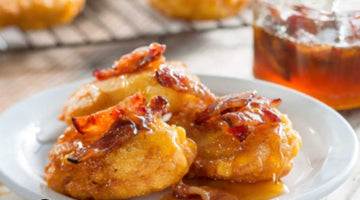 Double Corn and Honey Fritters with Honey-Bacon Drizzle