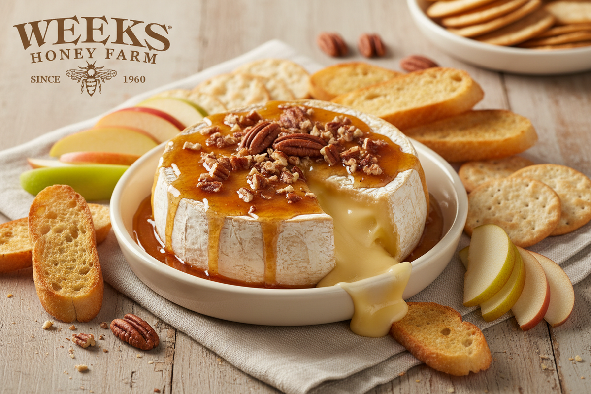 Baked Brie with Honey, Pecans, and Brandy | Easy Appetizer – Weeks Honey Farm