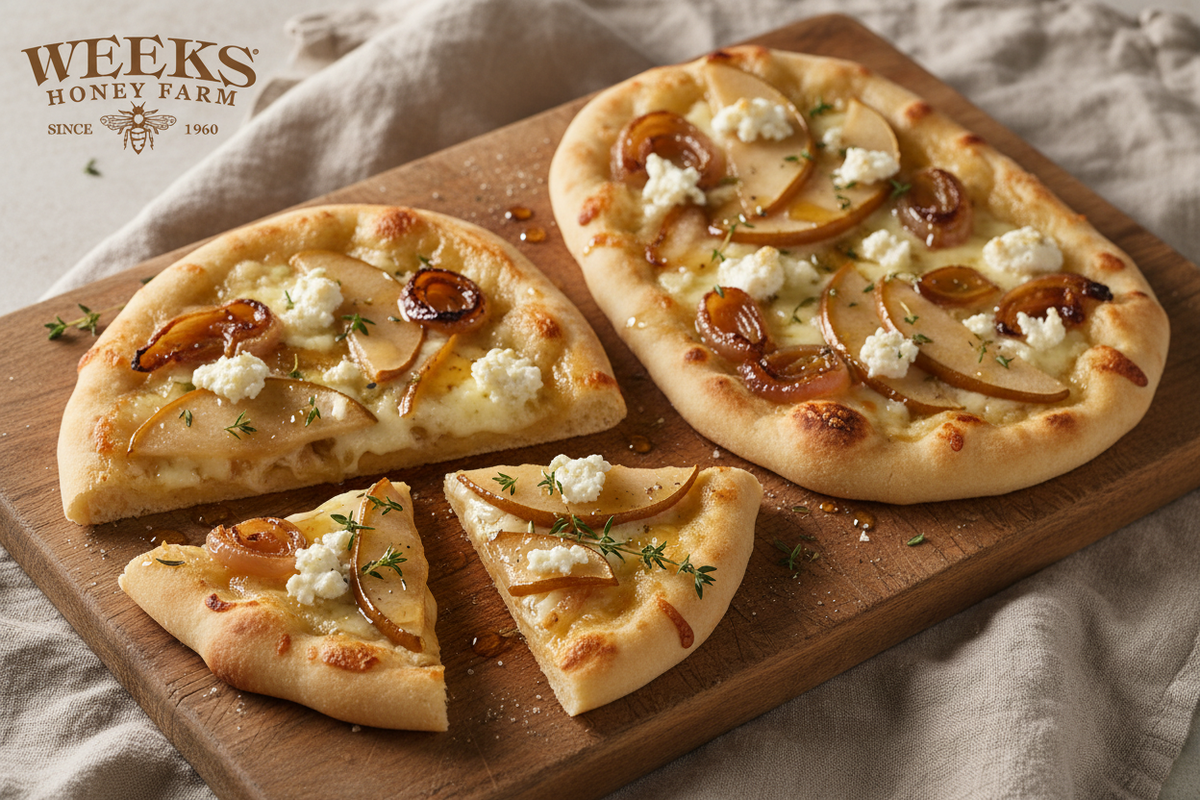 Pear and Goat Cheese Naan Pizza with Honey
