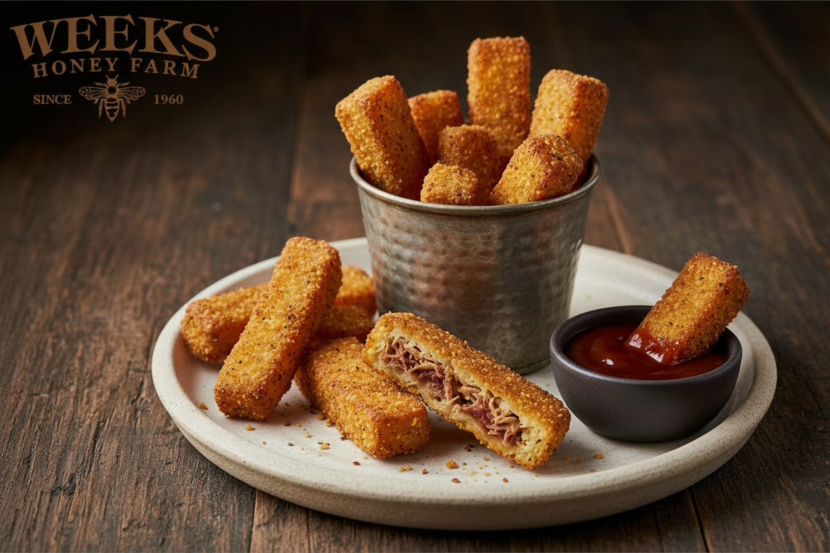 Smoky Pulled Pork Cornmeal Fries with Buckwheat Honey BBQ Ketchup