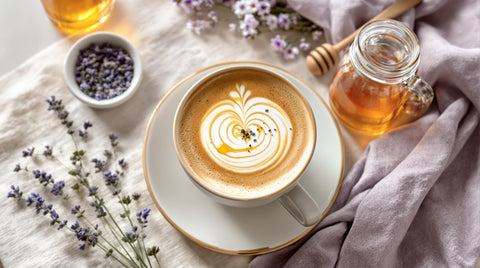 Honey lavender latte with rosetta latte art, dried lavender, and a jar of Weeks honey on a soft linen flat-lay