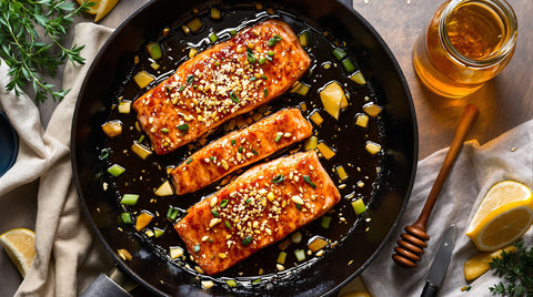 One-pan honey-garlic salmon in cast iron with sesame, scallions, and a jar of Weeks Wildflower honey