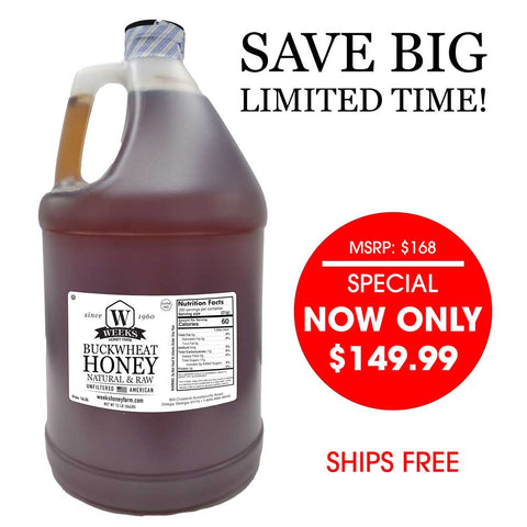 Buckwheat honey bottle with promotional pricing on a white background