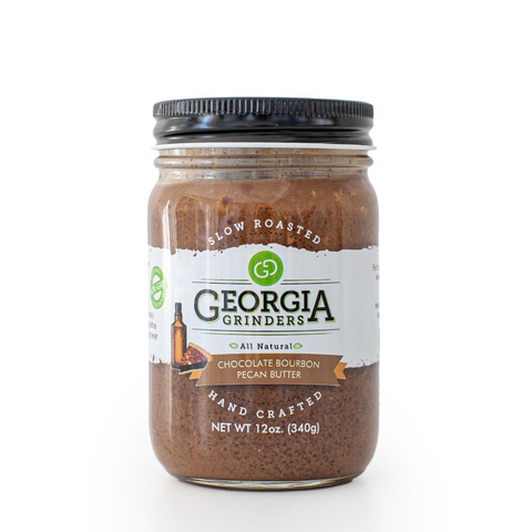 Jar of Georgia Grinders chocolate bourbon pecan butter on a white background