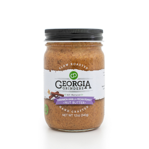 Jar of Georgia Grinders nut butter on a white background