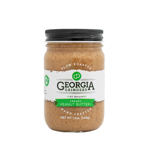 Jar of Georgia Grinders peanut butter on a white background