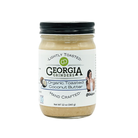 Jar of Georgia Grinders organic toasted coconut butter on a white background