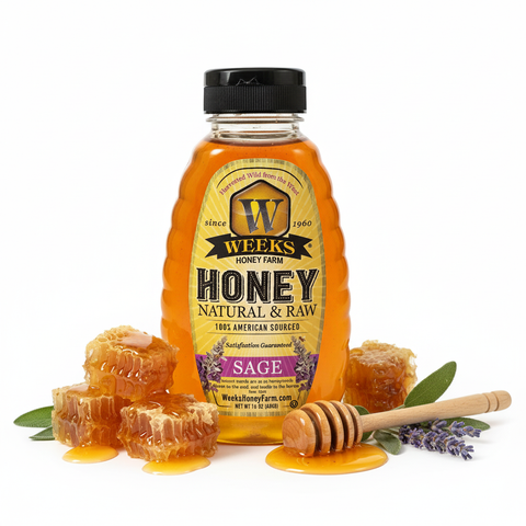 Bottle of Weeks Honey with honeycomb and a dipper on a white background