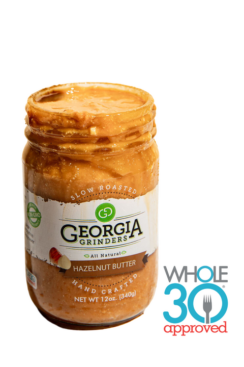 Jar of Georgia Grinders hazelnut butter with a Whole30 Approved logo on a white background