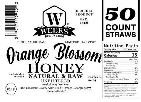 Raw Honey Straws | Orange Blossom, Wildflower, Raspberry Honey | Weeks Honey Farm