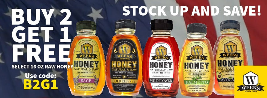 Buy 2 Get 1 Free — Select 16oz Raw American Honey · Memorial Day Sale