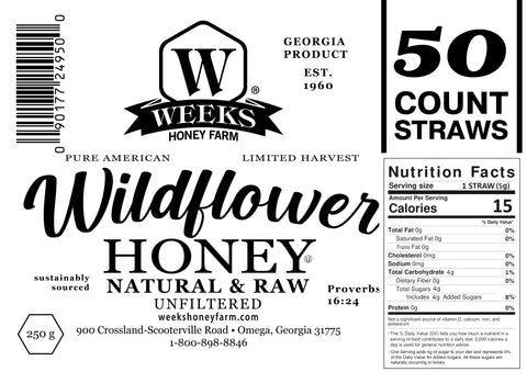 Raw Honey Straws | Orange Blossom, Wildflower, Raspberry Honey | Weeks Honey Farm