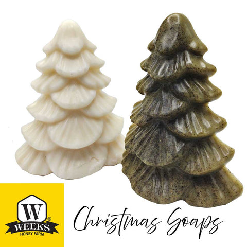 Two tree-shaped Christmas soaps in white and brown with Weeks Honey Farm logo.
