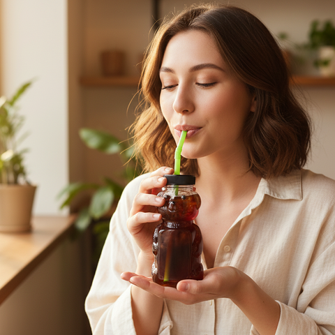Beautiful woman drinking cold brew coffee from petite bear container with straw