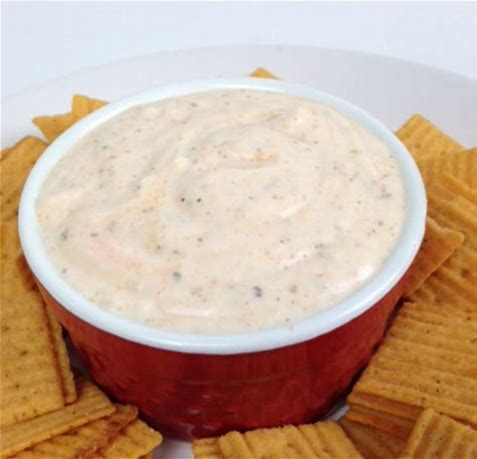 Red bowl of dip surrounded by crackers on a white background