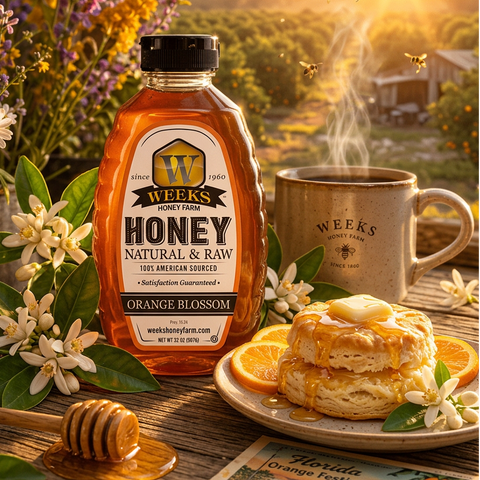 Weeks Orange blossom honey is a pure, raw American honey thats perfect for every table use.
