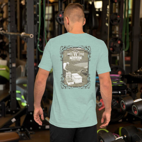 A Farmer and His Bees, 1960 Soft Fit Unisex t-shirt Apparel & Accessories from Weeks Honey Farm http://www.WeeksHoneyFarm.com