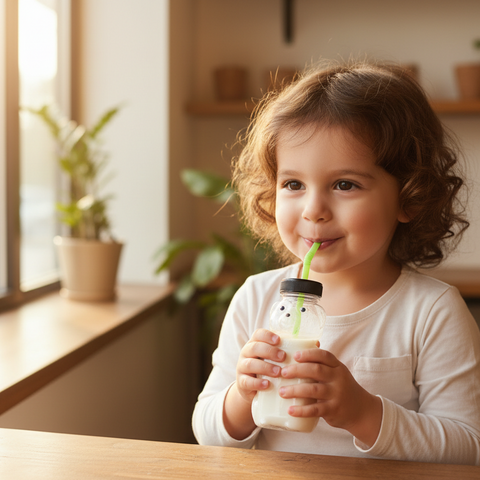 Young child drinking milk from bear container with straw