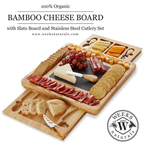 CasaField Bamboo Cheese Cutting Board with Removable Slate Cheese Plate, Stainless Steel Knives, and Slide-Out Snack Trays Cheese Board from Weeks Honey Farm, Inc. http://www.WeeksHoneyFarm.com