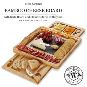 CasaField Bamboo Cheese Cutting Board with Removable Slate Cheese Plate, Stainless Steel Knives, and Slide-Out Snack Trays - Cheese Board - Only $35.99! Order now at Weeks Honey Farm