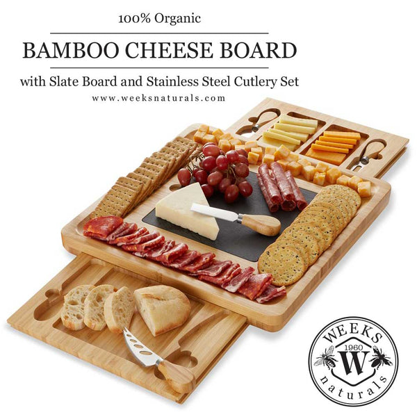 CasaField Bamboo Cheese Cutting Board with Removable Slate Cheese Plate, Stainless Steel Knives, and Slide-Out Snack Trays