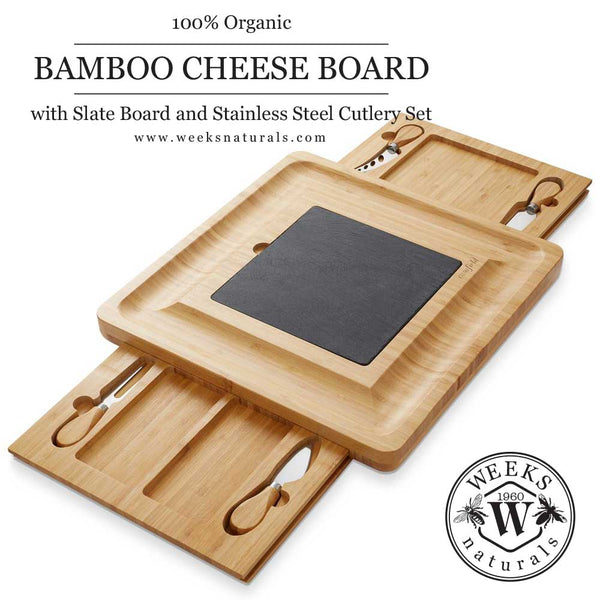 CasaField Bamboo Cheese Cutting Board with Removable Slate Cheese Plate, Stainless Steel Knives, and Slide-Out Snack Trays - Premium Cheese Board from Weeks Naturals - Just $35.99! Shop now at Weeks Naturals | Weeks Honey Farm
