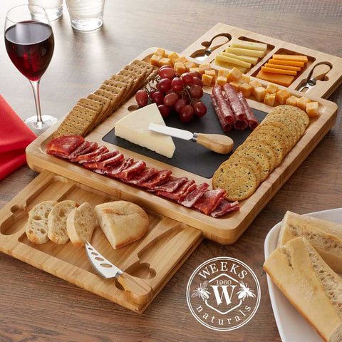 CasaField Bamboo Cheese Cutting Board with Removable Slate Cheese Plate, Stainless Steel Knives, and Slide-Out Snack Trays Cheese Board from Weeks Honey Farm, Inc. http://www.WeeksHoneyFarm.com