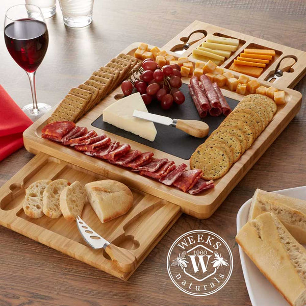 CasaField Bamboo Cheese Cutting Board with Removable Slate Cheese Plate, Stainless Steel Knives, and Slide-Out Snack Trays - Cheese Board - Only $35.99! Order now at Weeks Honey Farm